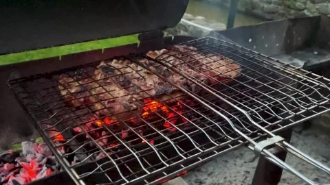 Ribs On A Grill. Flame Grill with  Steak, BBQ Meat Stock Footage 249001870