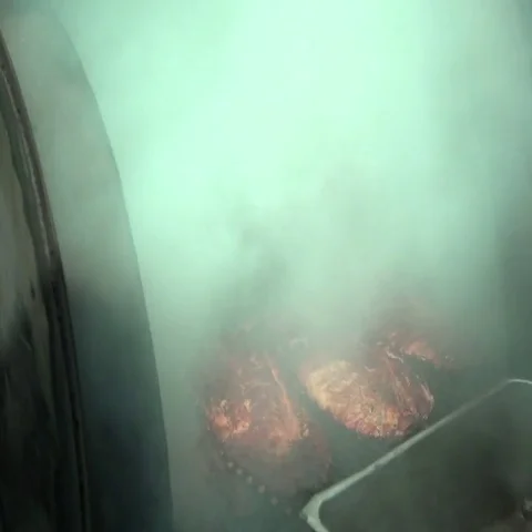 Ribs smoke on a barbeque pit. Stock Footage 69514195