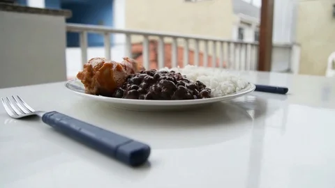 Rice and beans with chicken Stock Footage 128010249