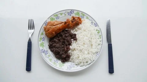 Rice and beans with chicken Stock Footage 128010389