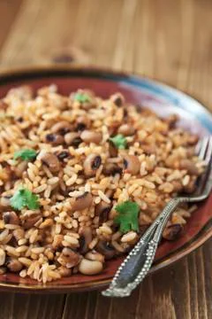 Rice and black eyed peas with cumin and mustard seeds topped with fresh cilantro Stock Photos