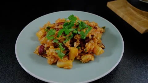 Rice and Red Bean Meal on Mint Plate in Cooking Setting Stock Footage 341442111