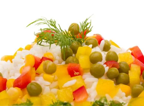 Rice and vegetables on white background Stock Photos