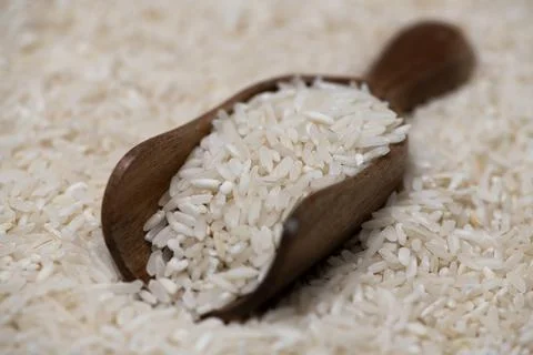 Rice background with pattern. Rice in scoop. Rice closeup with grains. Rice.. 库存照片