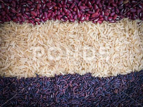 Rice background / Thai Rice riceberry agricultural produce with rice purple b Stock Photos