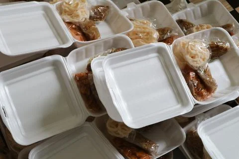 Rice box using sterofoam or styrofoam box with white rice, chicken, stir-fr.. Stock Photos