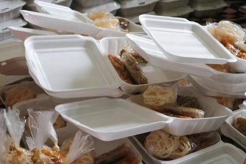 Rice box using sterofoam or styrofoam box with white rice, chicken, stir-fr.. Stock Photos