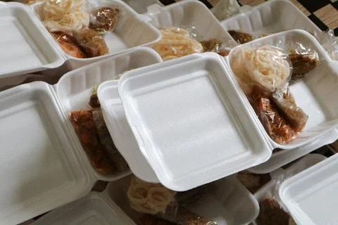 Rice box using sterofoam or styrofoam box with white rice, chicken, stir-fr.. Stock Photos