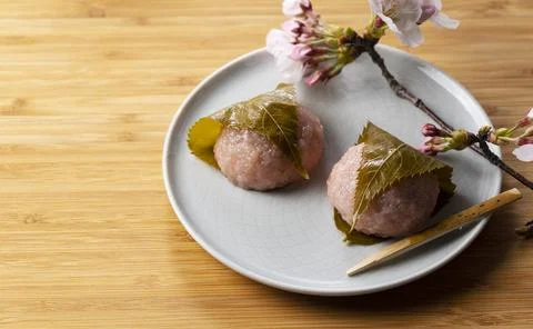 Rice cake with bean paste wrapped in a preserved cherry leaf Stock Photos