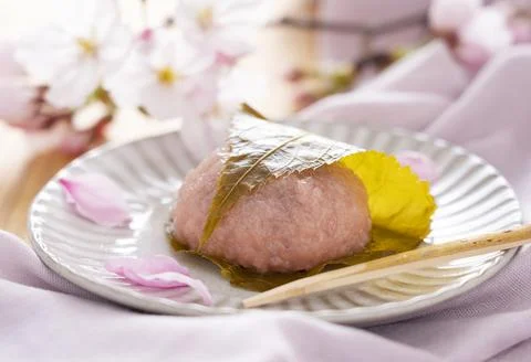Rice cake with bean paste wrapped in a preserved cherry leaf Stock Photos