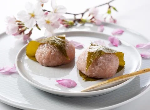 Rice cake with bean paste wrapped in a preserved cherry leaf Stock Photos