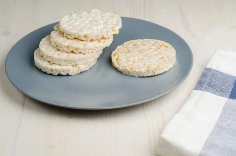Rice cake, puffed rice on table Stock Photos