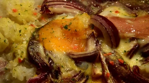 Rice with chicken egg, red onion, ham and seasoning Stock Footage 273159448