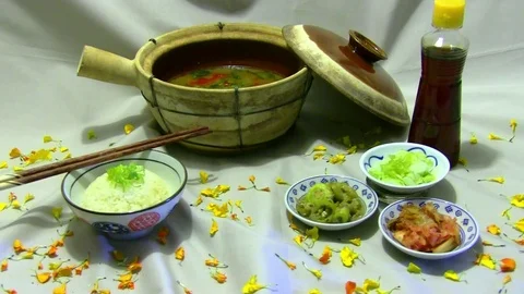 Rice, Chop Sticks, Potato Stew and Condiments - HD Stock Footage