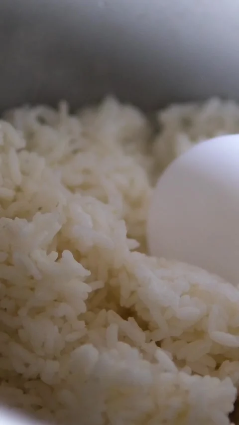 Rice cooker spoon spoon stir cooked white Thai jasmine rice in a rice cooker Stock Footage 306722341