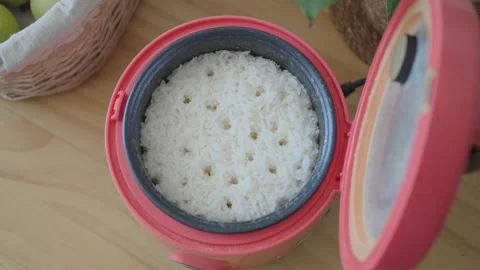 Rice cooking in a red rice cooker with fluffy white rice Stock Footage 336830904