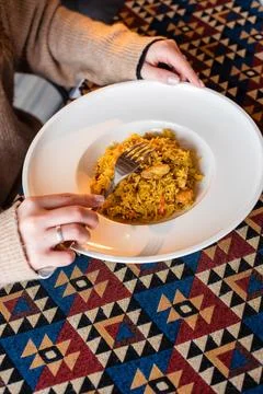 Rice Dish on Patterned Tablecloth Stock Photos