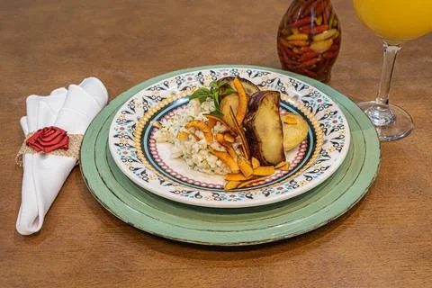 Rice dish with vegetables fine dining presentation Stock Photos
