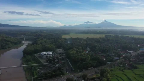 Rice Field with Merapi Mountain View in the morning Stock Footage 233785745