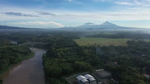 Rice Field with Merapi Mountain View in the morning Stock Footage 233786083