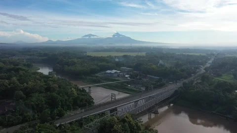 Rice Field with Merapi Mountain View in the morning Stock Footage 233788018