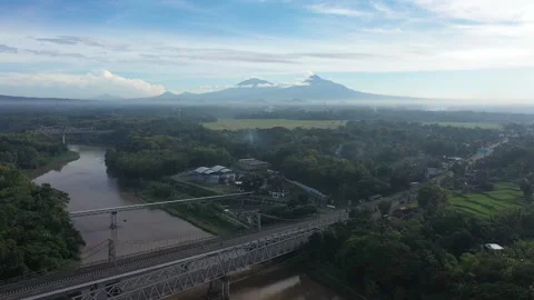 Rice Field with Merapi Mountain View in the morning Stock Footage 233788131