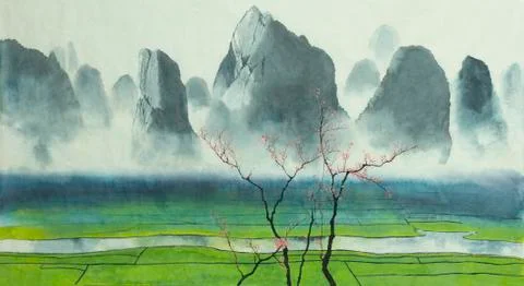 Rice fields and mountains Stock Illustration