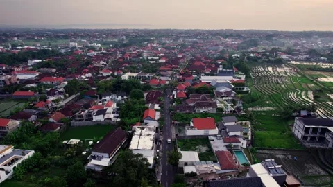 Rice fields and villas at sunset, Canggu, Bali in Indonesia. Aerial drone view Stock Footage 266648030