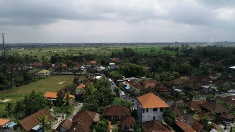 Rice fields beyond Seminyak rooftops in Badung Regency, Bali Stockbeeldmateriaal 95269681
