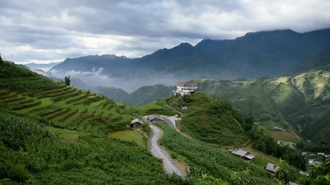  	Rice fields on terraced of Sapa (Sa Pa), Vietnam. Rice fields prepared to har Stock Footage 77497549