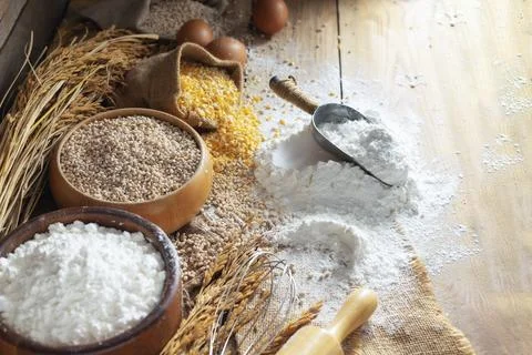 Rice flour, white wheat flour With ears of rice, natural agricultural food,.. Stock Photos