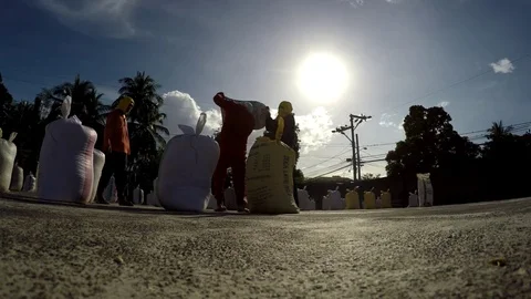 Rice mill workers head carry sack of dried rice Stock-Footage 69910727