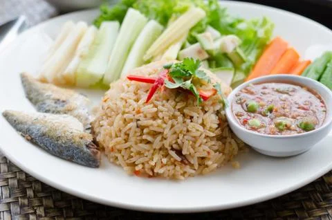 Rice Mixed with Shrimp paste Served with Mixed Vegetable Stock Photos