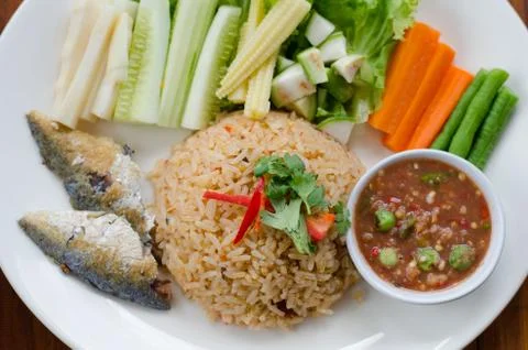Rice Mixed with Shrimp paste Served with Mixed Vegetable Stock Photos