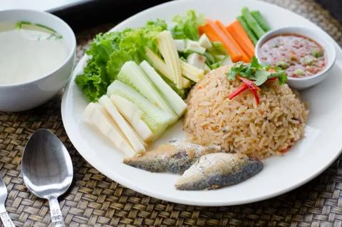 Rice Mixed with Shrimp paste Served with Mixed Vegetable Stock Photos
