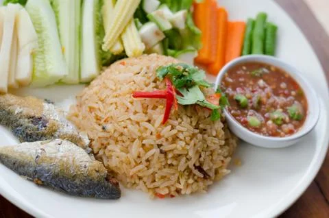 Rice Mixed with Shrimp paste Served with Mixed Vegetable Stock Photos