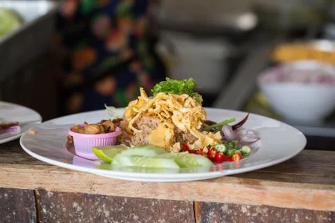 Rice mixed with shrimp paste in Thai food menu. Stockfoto's