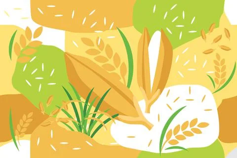 Rice paddy and grain elements seamless pattern abstract vector design background Stock Illustration