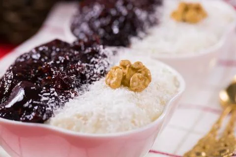 Rice Pudding and Strawberry Jam Stock Photos