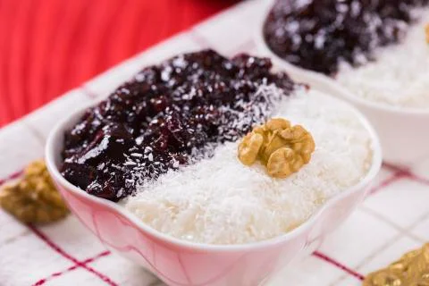 Rice Pudding and Strawberry Jam Stock Photos