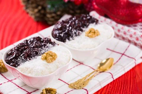Rice Pudding and Strawberry Jam Stock Photos