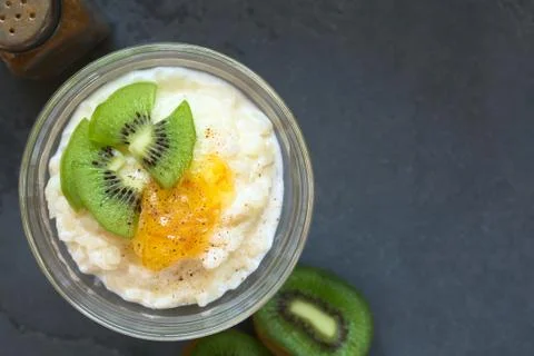 Rice Pudding with Kiwi and Orange Jam Stock Photos