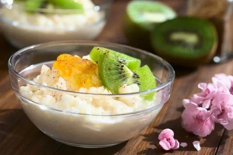 Rice Pudding with Kiwi and Orange Jam Stock Photos