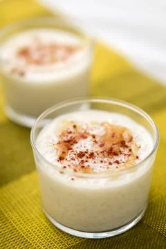 Rice Pudding With Maple Sirup Drizzle &amp; Cinnamon. Stock Photos