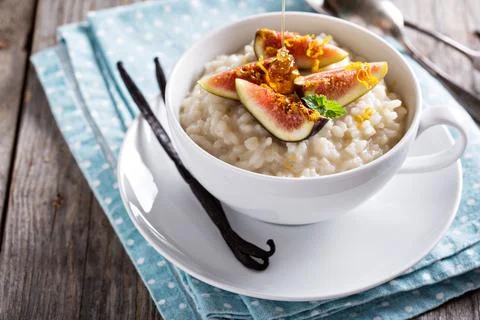 Rice pudding with milk and vanilla beans Stock Photos