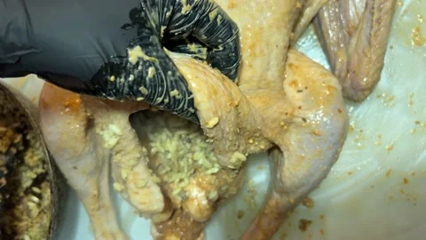 Rice is put inside goose in the kitchen Video stock 221428017