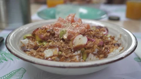 Rice salmon salad fork HD 120fps Stock Footage 231056879
