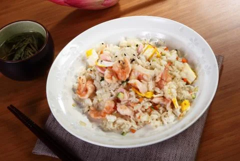 Rice with seafood on table Stock Photos