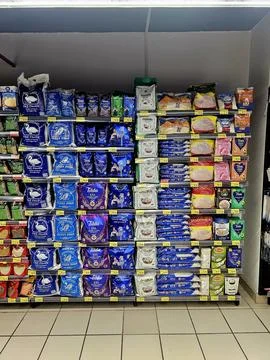 Rice section in a supermarket Stock Photos