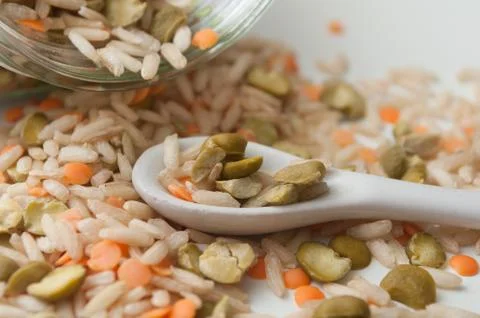 Rice, split peas and  lentils on white background Stock Photos